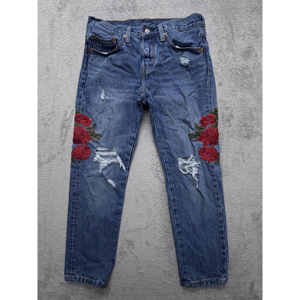 Levi's Blue Distressed Jeans with Red Rose Embroidery